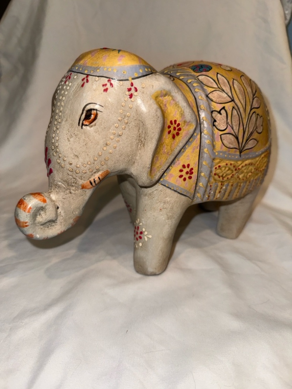 Hand-Painted Crafted in Elephant with yellow, teal and red details Statue